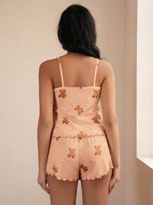 2 件月亮和星星泰迪熊印花撞色荷叶边吊带背心和短裤睡衣套装 - 彩色 - 查看 2