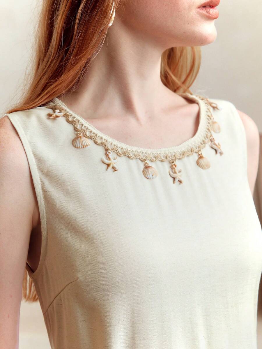 EMERY ROSE 女士优雅杏色亚麻贝壳织带麻绳腰带中长连衣裙，圆领无袖设计，新款秋季女教师开学礼服 - 高端法式优雅，休闲办公风格，全白派对装女士 - 杏色 - 查看 1