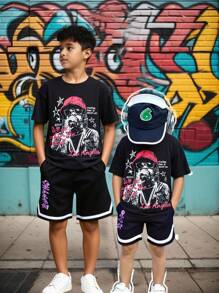 SHEIN 1pc Tween Boy Casual Hip Hop Character & Slogan Oversized Short Sleeve Black T-Shirt, Summer - Black - View 6