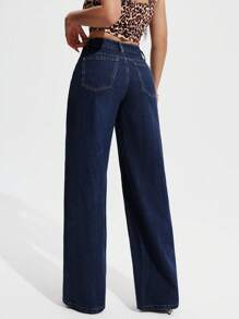 SHEIN PETITE Women Casual Fashion Versatile Straight Button Fly Denim Jeans - Royal Blue - View 2