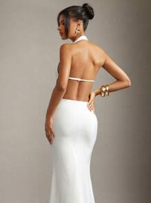 Hauture Women Sexy Summer Sleek Long White Halter Deep Front Knit Maxi Mermaid Dress - White - View 3