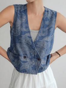 Dazy-Less 女式夏季复古印花吊带背心上衣，V 领花卉刺绣休闲办公室无袖牛仔衬衫 - 淺色水洗藍 - 查看 2