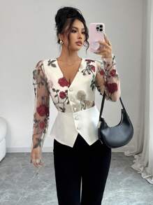 SHEIN Unity 优雅刺绣V领修身女式上衣，长袖学院风秋季服饰。 - 白色 - 查看 7