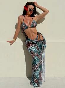 Bonvoyette 3pcs/Set New Random Leopard Print & Solid Color Halter Sexy Elegant Swimsuit & Long Mesh Beach Dress Swimwear For Women For Summer Beach Vacation - Multicolor - View 4