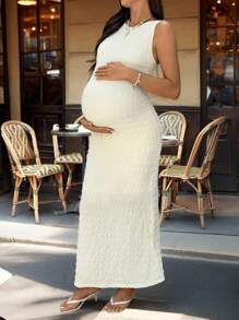 SHEIN 纯色圆领荷叶边无袖修身孕妇装，夏季 - 杏色 - 查看 11