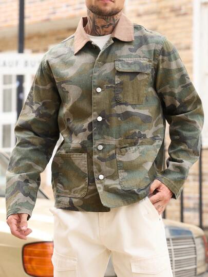 Manfinity Roughcore Men's Regular Shoulder Camo American Casual Military Style Denim Top, Long Sleeve