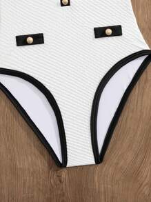 Swim Chiccia Đồ bơi liền thân chữ V sâu, vải giả nút đen trắng độc đáo mới, đồ bơi bó sát gợi cảm thanh lịch cho kỳ nghỉ bãi biển - Đen và trắng - Xem 5
