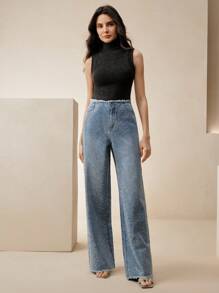 Anewsta High Stretch Rhinestone Decorated Straight Cut Frayed Hem Fashion Jeans - Blue - View 5