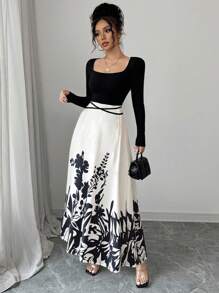 Rafferiza Elegant Floral Print Patchwork Round Neck Long Sleeve Dress For Women - A E Fall Cloth - Black and White - View 6