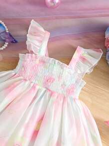 Glamorique Kids Baby Girls' Cute Sweet Gradient Print Bowknot Decor Princess Mesh Dress, Suitable For Birthday Party, Gathering Or Daily Wear, Spring/Summer - Multicolor - View 3