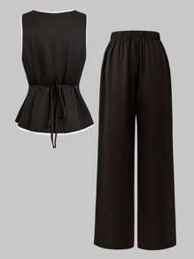 SHEIN PETITE 女款春夏优雅黑白撞色单排扣背心衬衫+女款春夏优雅黑色侧扣设计直筒裤 - 黑色 - 查看 2