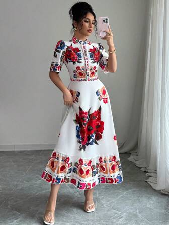 Rafferiza 优雅短袖半襟单排扣印花松紧腰连衣裙，春夏