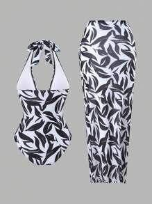 Swim Oasis 女夏季新款黑白条纹印花连体沙滩连体泳衣+沙滩裙度假休闲比基尼套装 - 黑與白 - 查看 9