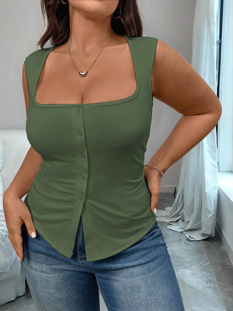 Elenzga Top de punto sin mangas de cuello cuadrado de talla grande, top corto estilizador de verano con abertura