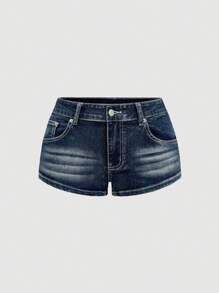 ROMWE Grunge Punk Y2K Retro Washed Pocketed British Flag Print Ultra Super Low Waist Denim Shorts