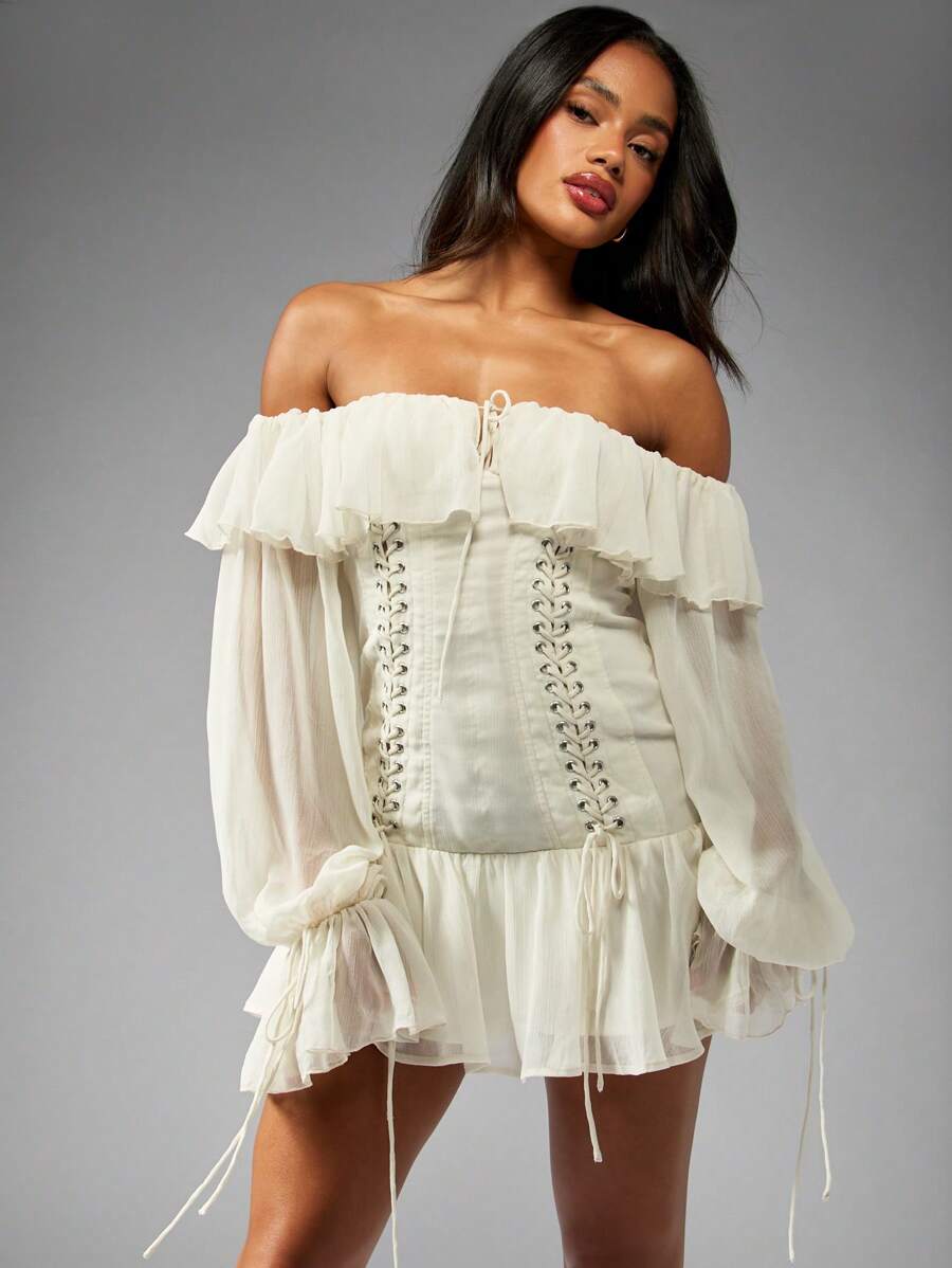 MISSGUIDED Ruffle Off Shoulder Long Sleeve Corset Mini Dress Chiffon Lace Up Detail Festival Dance Party Wedding Guest Resort Wear - White - View 1