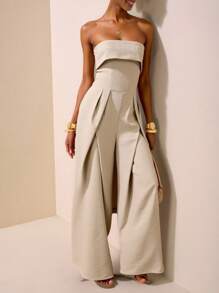 Zivah 2025春夏新品音乐节、复活节、圣帕特里克节、西部风、游牧风、生日派对、毕业季、学院风、学生装、日常休闲出游、百搭基础款、休闲、度假、邮轮旅行、海滩、日光浴、网红畅销款、街头潮流、通勤挂脖阔腿露背抽绳腰卡其色连体裤 - 卡其色 - 查看 6