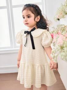 女宝宝可爱优雅纹理蝴蝶结短袖彼得潘领夏季连衣裙 - 杏色 - 查看 4