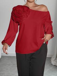Allurite Women's Elegant Simple Off-Shoulder Long Sleeve 3D Floral Pattern Apricot Blouse, Summer One Shoulder Blouse Burgundy Blouse Red Off Shoulder Top Rose Top Wine Red Top