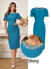 Ellevyn 女士新款时尚优雅水钻装饰喇叭袖紧身连衣裙，适合通勤、办公室、约会、家庭聚会等多种场合 - 藍色 - 查看 1