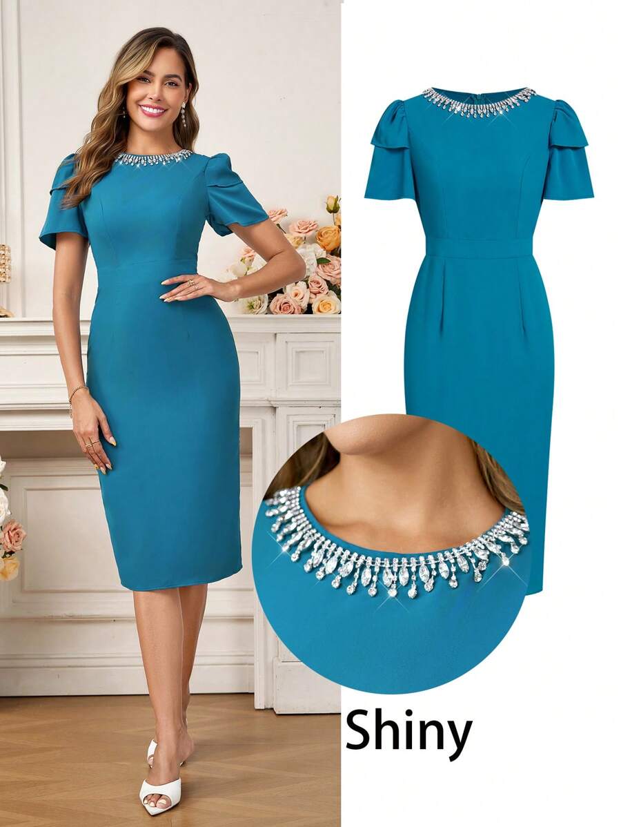 Ellevyn 女士新款时尚优雅水钻装饰喇叭袖紧身连衣裙，适合通勤、办公室、约会、家庭聚会等多种场合 - 藍色 - 查看 1