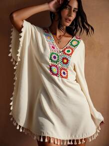 Swim Chiccia 女士卡其色和米色彩色钩针波西米亚风流苏罩衫，休闲春夏海滩度假派对罩衫