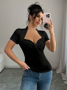 INAWLY Women's Summer Sweetheart Neck Short Sleeve Slim Fit T-Shirt - Black - View 3