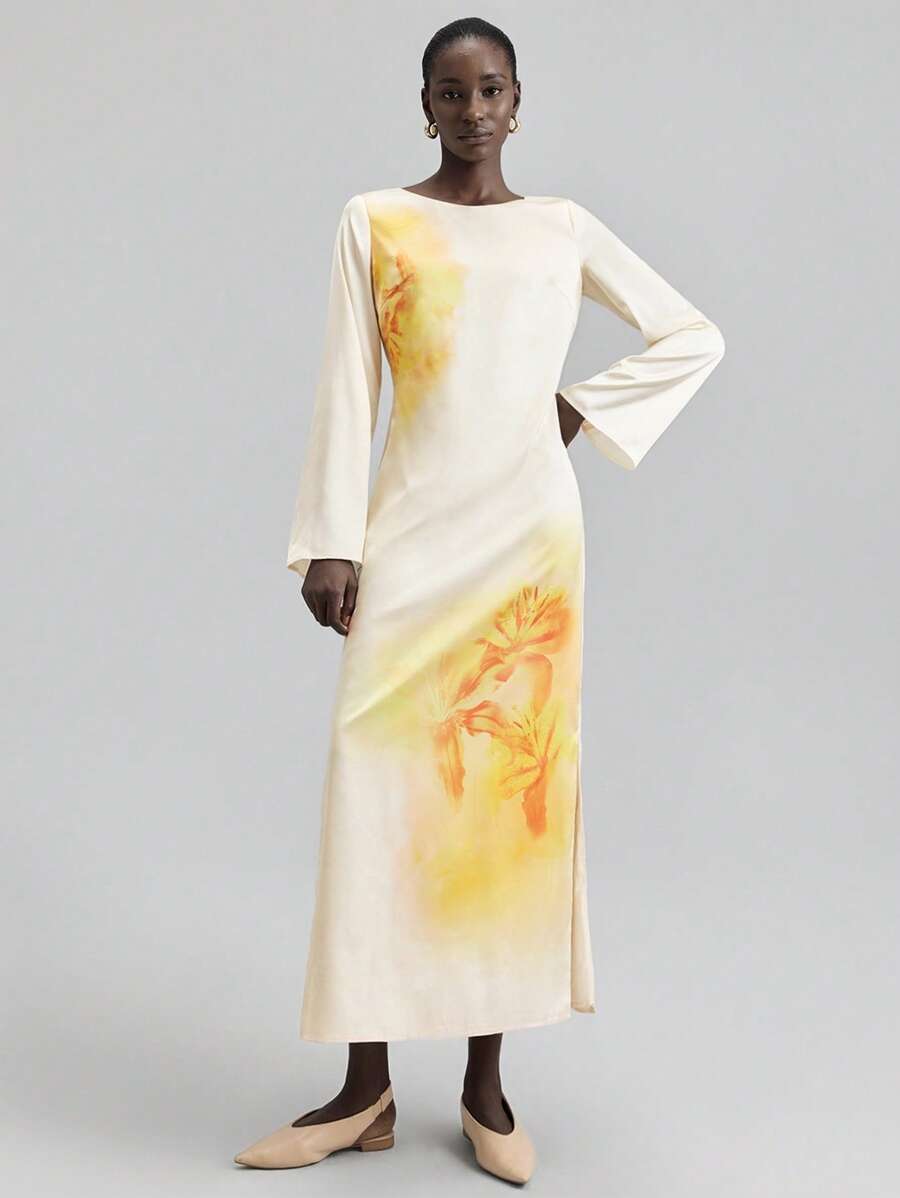 Ontre 2025 Autumn/Winter Seasonal Dress, Floral Print Long Sleeve Dress, Elegant Acetate Gown