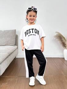 SHEIN Young Girl Knitted Solid Color Loose Letter Print Round Neck Casual T-Shirt And Knitted Color-Block Casual Loose Pants Two-Piece Set Kpop Outfit For Kidstrendy Outfit For Kidstrending Outfit For Young Girl