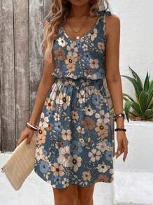 女士夏季假日花卉裹身裙，带纽扣开合、松紧腰带和腰带，适合海滩度假 - 彩色 - 查看 3