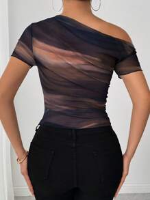 Selianne Tie-Dye Print Ruched Asymmetric Shoulder Short Sleeve T-Shirt - Brown - View 2