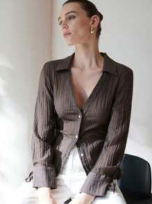 Aveloria Modichic Brown V-Neck Blouse, Featuring Ruched Waist Design For Added Texture, Stylish Cuff Details For Women Fall Cloth For Women - Brown - View 6