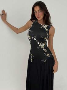 Aloruh Vestido sin mangas con cintura ceñida y bordado floral elegante para mujer