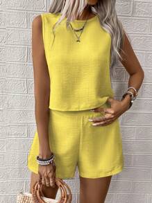 EMERY ROSE 2pcs Simple Solid Color Women's Sleeveless Top & Shorts Set, Casual Daily Wear - Yellow - View 6
