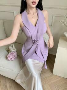 Modelyn Women's Sleeveless Solid Color 3D Floral Decor Elegant Blouse