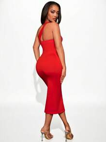 SHEIN SXY Đầm Cắt ra màu trơn Thanh lịch - Đỏ - Xem 2