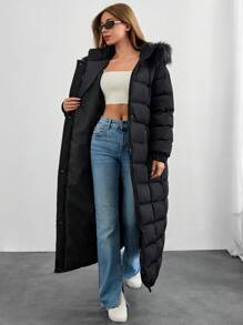EURMUSE Petite Size Faux Fur Hooded Puffer Long Length Coat, Pasek, Metalowy Zamek Błyskawiczny I Akcesoria, Ciepły I Elegancki - Czarne - Zobacz 3