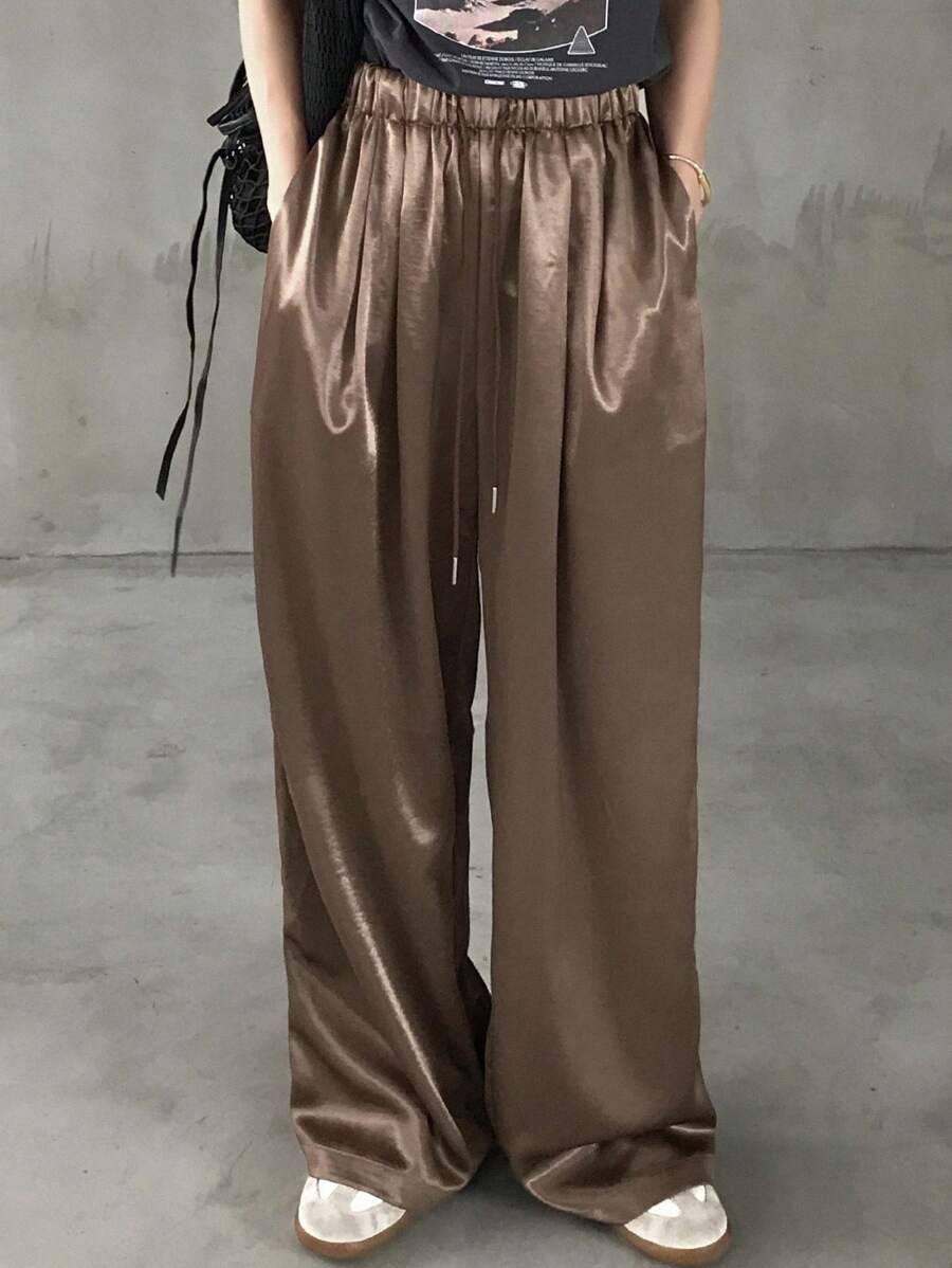 FRIFUL 女式抽绳腰系带前直腿亮面面料休闲百搭商务裤，适合度假、返校服装 - 棕色 - 查看 1