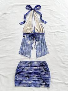 SHEIN x Eduarda Gutierrez Soleia 女士复古扎染花卉印花针织网眼露背系带装饰花背心和褶皱下摆迷你裙套装，适合派对、约会、下午茶、海滩、狂欢节、夏季 - 藍色 - 查看 2