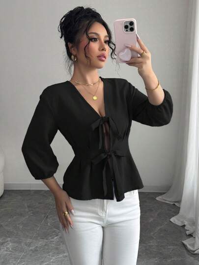 Elenzga 优雅前系带灯笼袖束腰衬衫