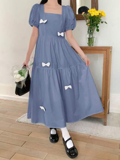 SHEIN 少女蓝色梭织纯色休闲优雅甜美方领泡泡袖蝴蝶结装饰中长连衣裙春夏蓝色连衣裙卡哇伊连衣裙蝴蝶结连衣裙蝴蝶结结连衣裙女童连衣裙方领连衣裙