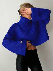 EURMUSE Women Casual Solid Color High Neck Dropped Shoulder Loose Cropped Sweater, Fall Autumn/Winter - Royal Blue - View 3