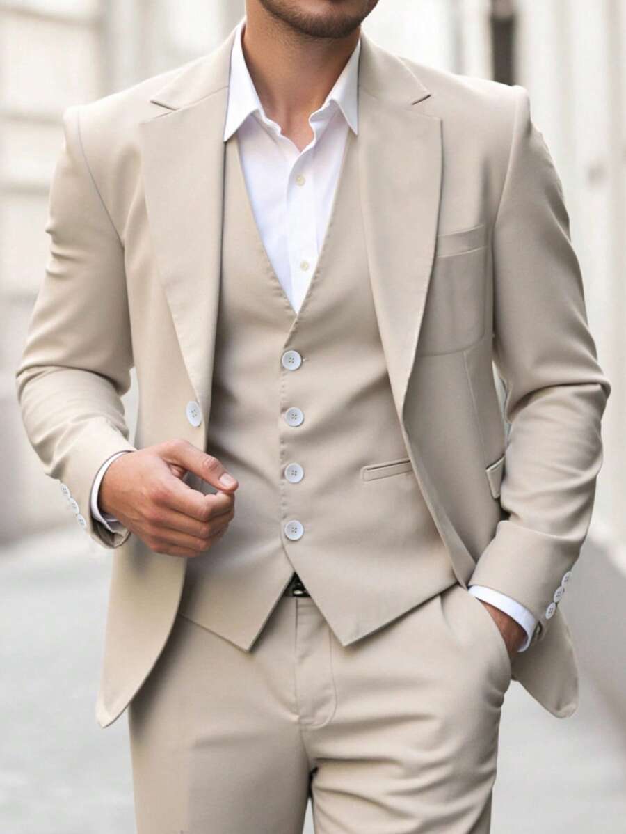 Calvornis 男士商务休闲大领设计西装外套和长西装裤，老款风格 - 米色 - 查看 1