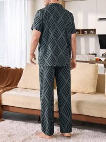 Manfinity Wave Striped Print Turndown Collar Short Sleeve Pants Set Men Loungewear - Grey - View 7