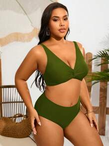 Swim Lushoire Plus Size Women Plain Color Twist Knot Sexy Bikini Swimsuit Set, Summer Beach
