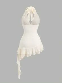 Sweetra Spring & Summer Romantic Girl Knit Lace Twist-Tied Layered Ruffle Hem Crop Dress Casual Sweet Style - Yellow - View 2