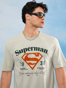 SUPERMAN X SHEIN Camiseta informal de manga corta con estampado de letras y logotipo para hombre, verano - Albaricoque - Ver 1