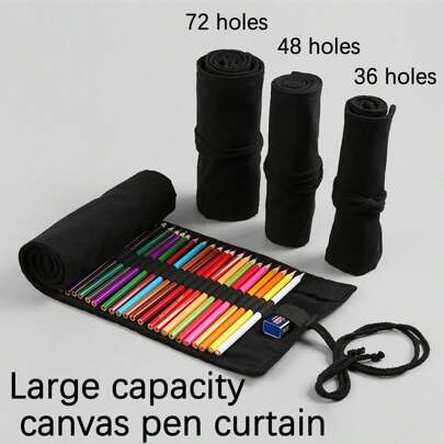 1pc Handmade Black Canvas Pencil Case – 36/48/72 Holes, Extra Large Capacity For Art Pencils, Ideal For Sketching, Drawing & Travel