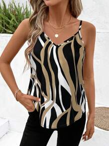 SHEIN Clasi Elegant Women's Printed Camisole Top For Summer,Abstract Printing Summer For Women - Khaki - View 5