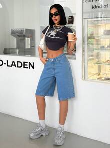 SHEIN SHORT EN JEAN AMPLE A TAILLE BASSE STYLE DECONTRACTE STREETWEAR POUR FEMMES